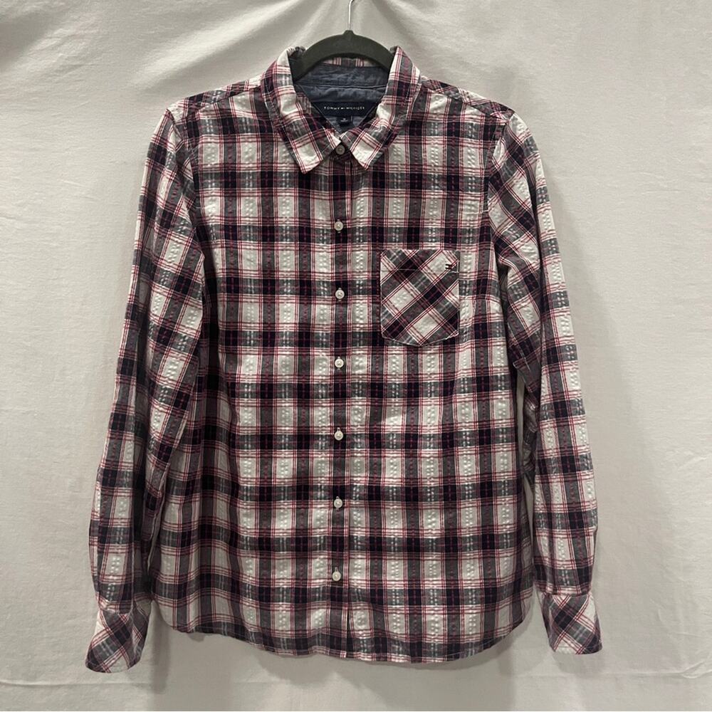 Tommy Hilfiger Red White Blue Plaid Long Sleeve Button Down Shirt Womens Medium